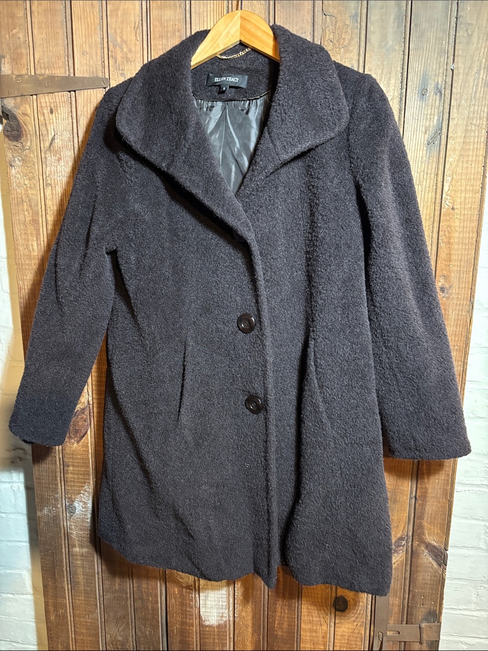 Ellen Tracy Black Textured Wool-Blend Pea Coat